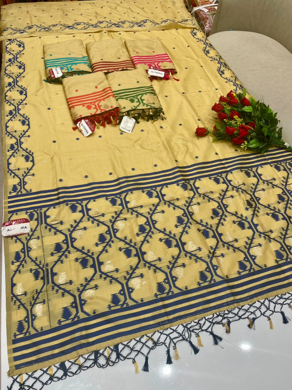 AJ-YUVIKA  FANCY FABRIC SAREE WITH RICH PALLU DESIGN WITH BEAUTIFUL DESIGN WITH PIPING WITH TASSELS WITH BLOUSE