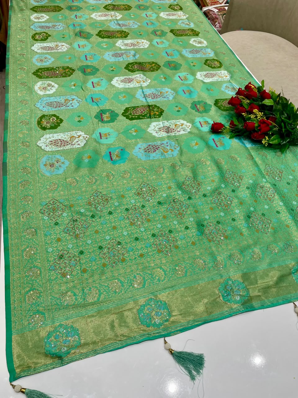 AJ-HELLY SATIN SILK FABRIC SAREE WITH HEAVY RICH PALLU DESIGN WITH BEAUTIFUL PEACOCK DESIGN ON BODY SAREE WITH DMC SIROSKI WORK WITH PIPING AND TASSELS WITH BLOUSE