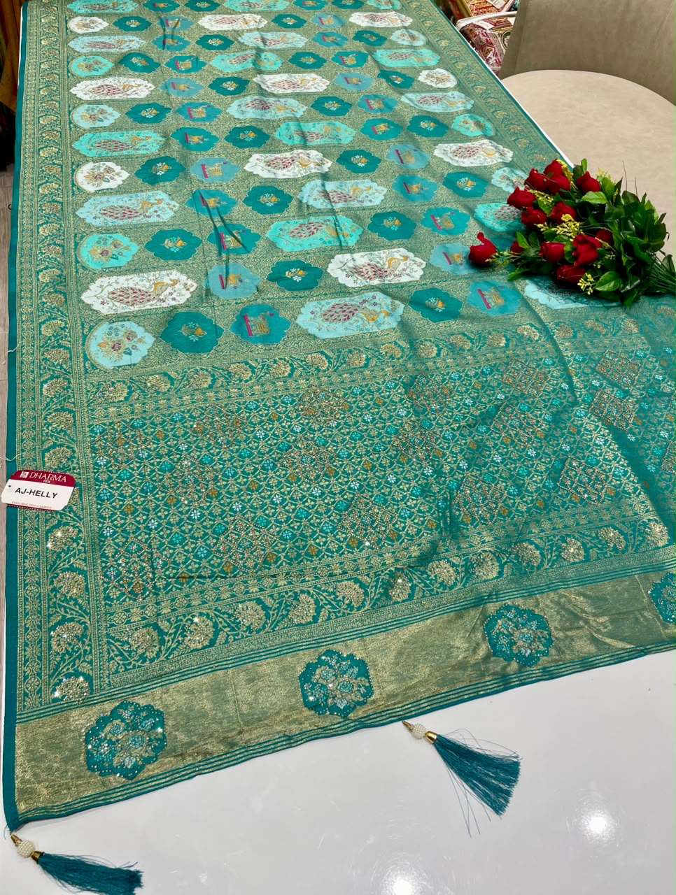AJ-HELLY SATIN SILK FABRIC SAREE WITH HEAVY RICH PALLU DESIGN WITH BEAUTIFUL PEACOCK DESIGN ON BODY SAREE WITH DMC SIROSKI WORK WITH PIPING AND TASSELS WITH BLOUSE