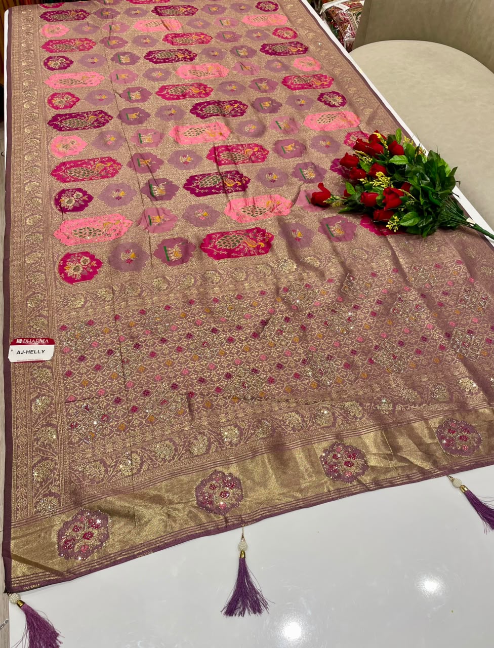 AJ-HELLY SATIN SILK FABRIC SAREE WITH HEAVY RICH PALLU DESIGN WITH BEAUTIFUL PEACOCK DESIGN ON BODY SAREE WITH DMC SIROSKI WORK WITH PIPING AND TASSELS WITH BLOUSE