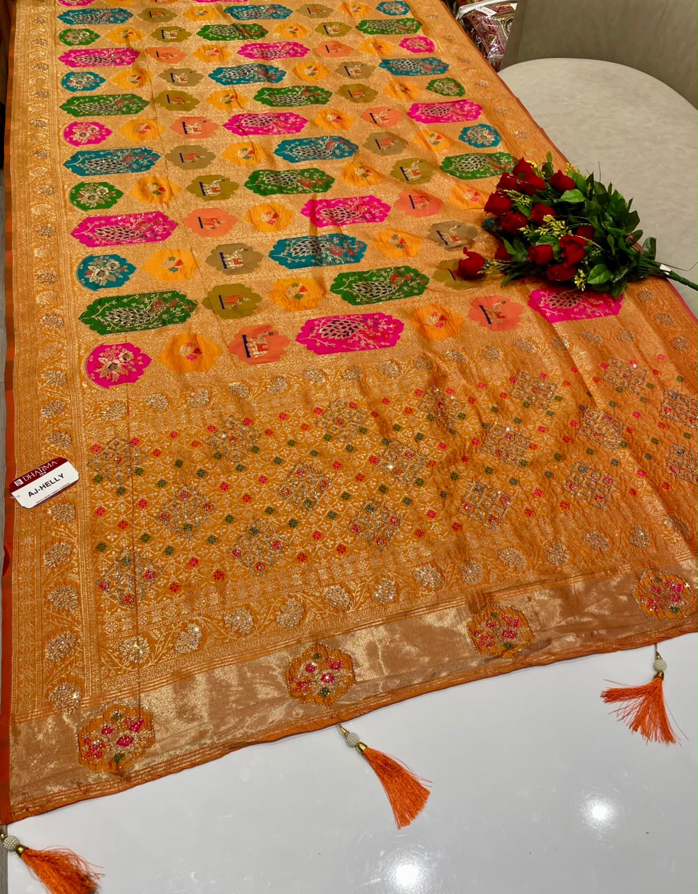 AJ-HELLY SATIN SILK FABRIC SAREE WITH HEAVY RICH PALLU DESIGN WITH BEAUTIFUL PEACOCK DESIGN ON BODY SAREE WITH DMC SIROSKI WORK WITH PIPING AND TASSELS WITH BLOUSE