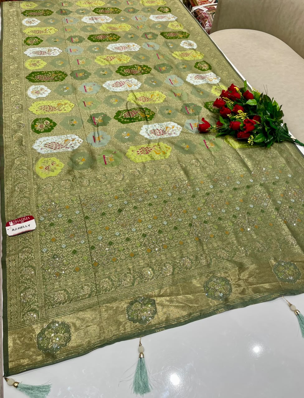 AJ-HELLY SATIN SILK FABRIC SAREE WITH HEAVY RICH PALLU DESIGN WITH BEAUTIFUL PEACOCK DESIGN ON BODY SAREE WITH DMC SIROSKI WORK WITH PIPING AND TASSELS WITH BLOUSE