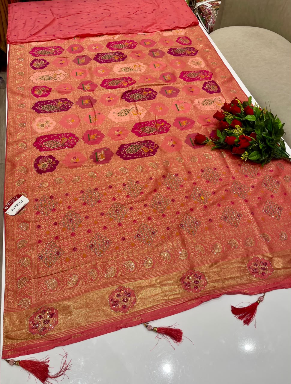 AJ-HELLY SATIN SILK FABRIC SAREE WITH HEAVY RICH PALLU DESIGN WITH BEAUTIFUL PEACOCK DESIGN ON BODY SAREE WITH DMC SIROSKI WORK WITH PIPING AND TASSELS WITH BLOUSE