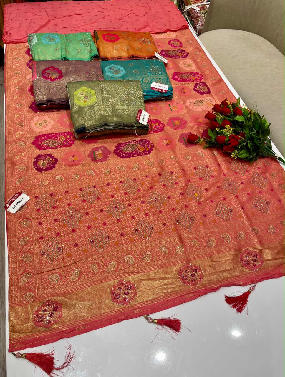 AJ-HELLY SATIN SILK FABRIC SAREE WITH HEAVY RICH PALLU DESIGN WITH BEAUTIFUL PEACOCK DESIGN ON BODY SAREE WITH DMC SIROSKI WORK WITH PIPING AND TASSELS WITH BLOUSE