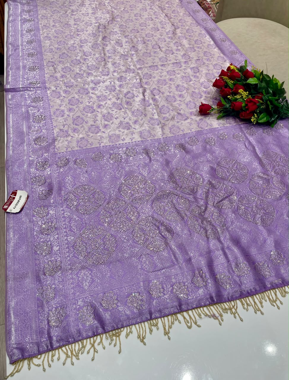 AJ-SONPARI FANCY FABRIC SAREE WITH HEAVY RICH PALLU DESIGN WITH HEAVY JHAL DESIGN ON BODY WITH PIPING AND BEAUTIFUL HEAVY TASSELS WITH BLOUSE