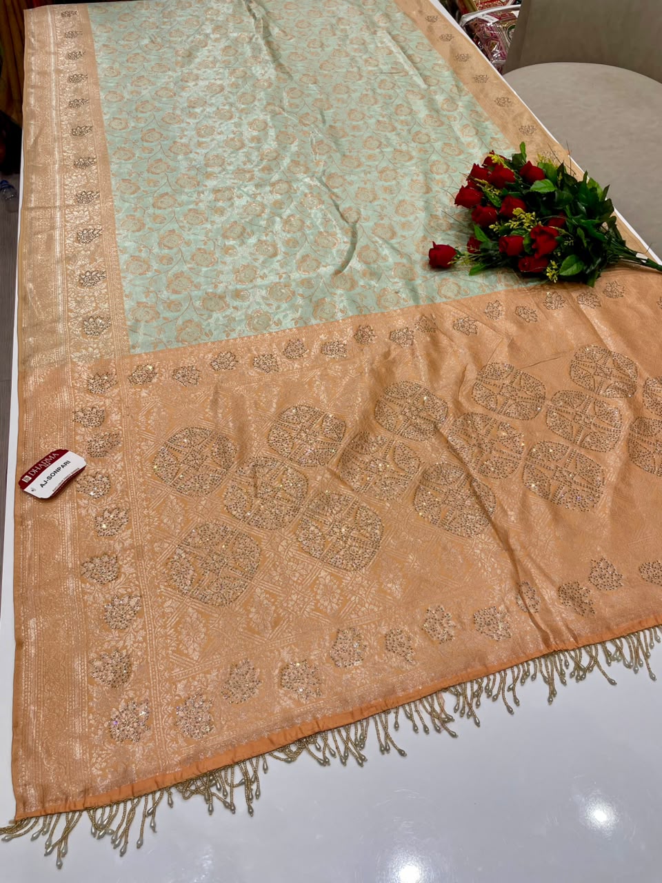 AJ-SONPARI FANCY FABRIC SAREE WITH HEAVY RICH PALLU DESIGN WITH HEAVY JHAL DESIGN ON BODY WITH PIPING AND BEAUTIFUL HEAVY TASSELS WITH BLOUSE