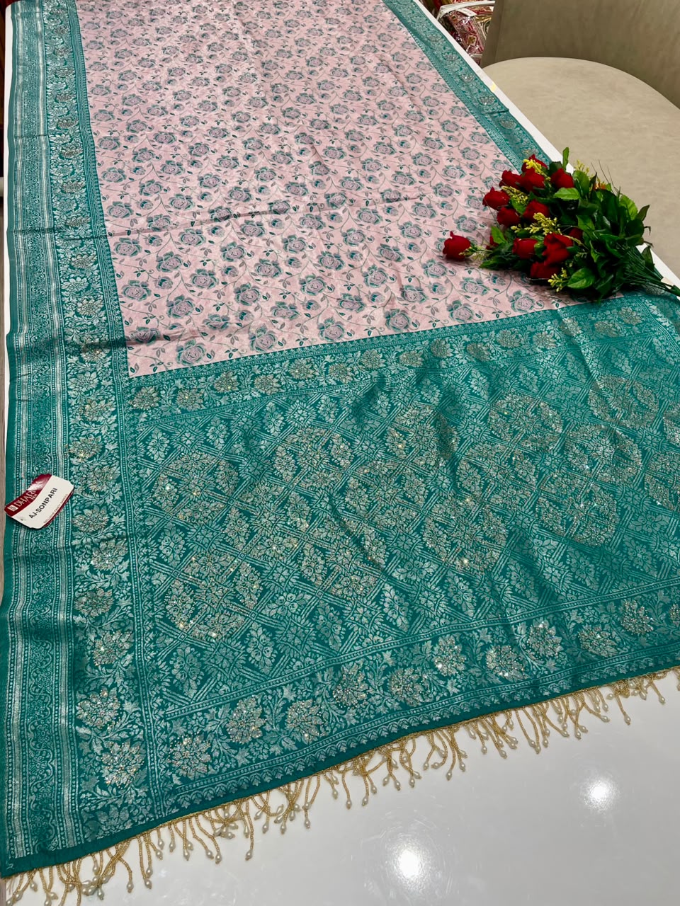 AJ-SONPARI FANCY FABRIC SAREE WITH HEAVY RICH PALLU DESIGN WITH HEAVY JHAL DESIGN ON BODY WITH PIPING AND BEAUTIFUL HEAVY TASSELS WITH BLOUSE