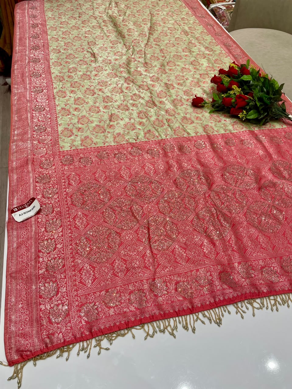 AJ-SONPARI FANCY FABRIC SAREE WITH HEAVY RICH PALLU DESIGN WITH HEAVY JHAL DESIGN ON BODY WITH PIPING AND BEAUTIFUL HEAVY TASSELS WITH BLOUSE
