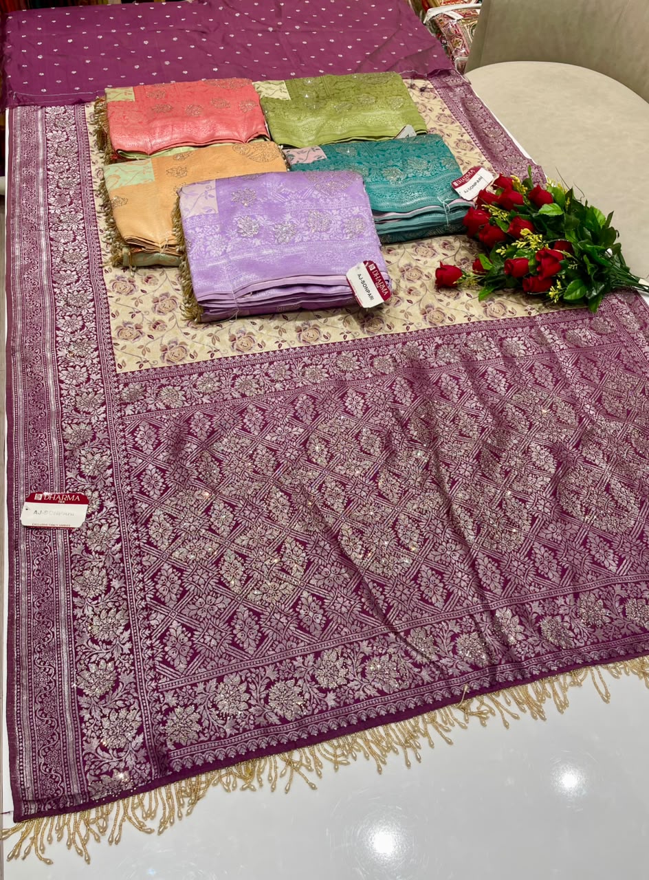 AJ-SONPARI FANCY FABRIC SAREE WITH HEAVY RICH PALLU DESIGN WITH HEAVY JHAL DESIGN ON BODY WITH PIPING AND BEAUTIFUL HEAVY TASSELS WITH BLOUSE