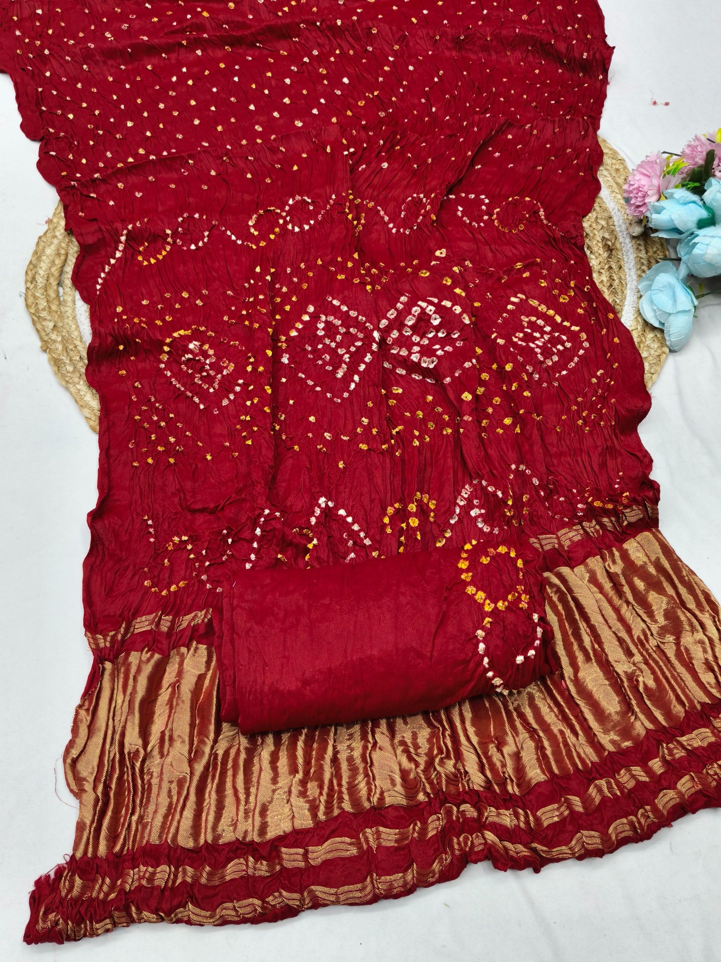 AJ-PURE-RESHMA PURE BANDHANI SAREE WITH JAIPURI WORK AND VIRAL BANDHANI DESIGN WITH  LAGNI PATTA WORK WITH  AND GOLDEN PIPING WITH BLOUSE