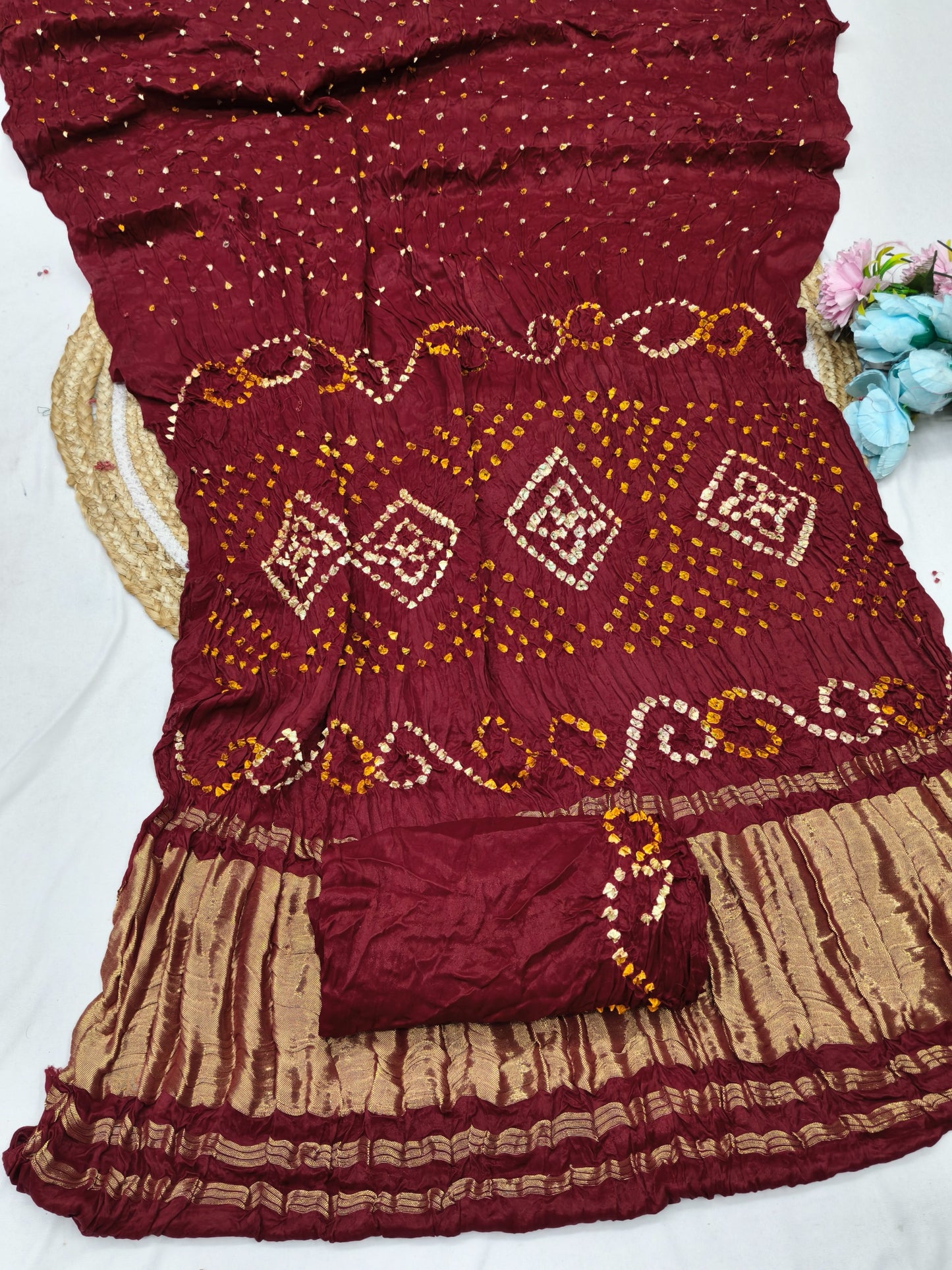 AJ-PURE-RESHMA PURE BANDHANI SAREE WITH JAIPURI WORK AND VIRAL BANDHANI DESIGN WITH  LAGNI PATTA WORK WITH  AND GOLDEN PIPING WITH BLOUSE