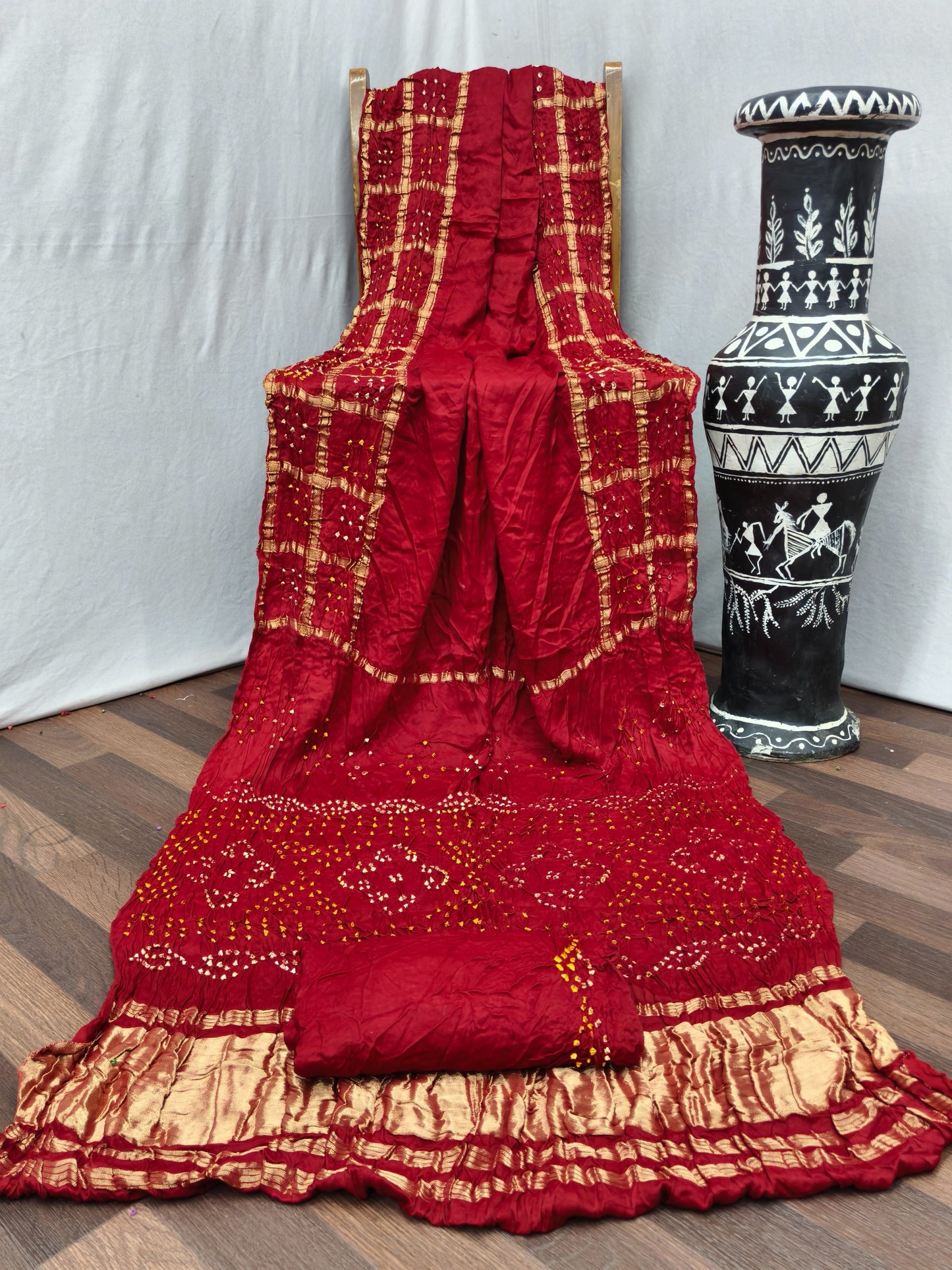 AJ-PURE-RADHIKA PURE BANDHANI SAREE WITH JAIPURI WORK AND VIRAL BANDHANI DESIGN  AND LAGNI PATTA WORK WITH  GOLDEN PIPING WITH BLOUSE