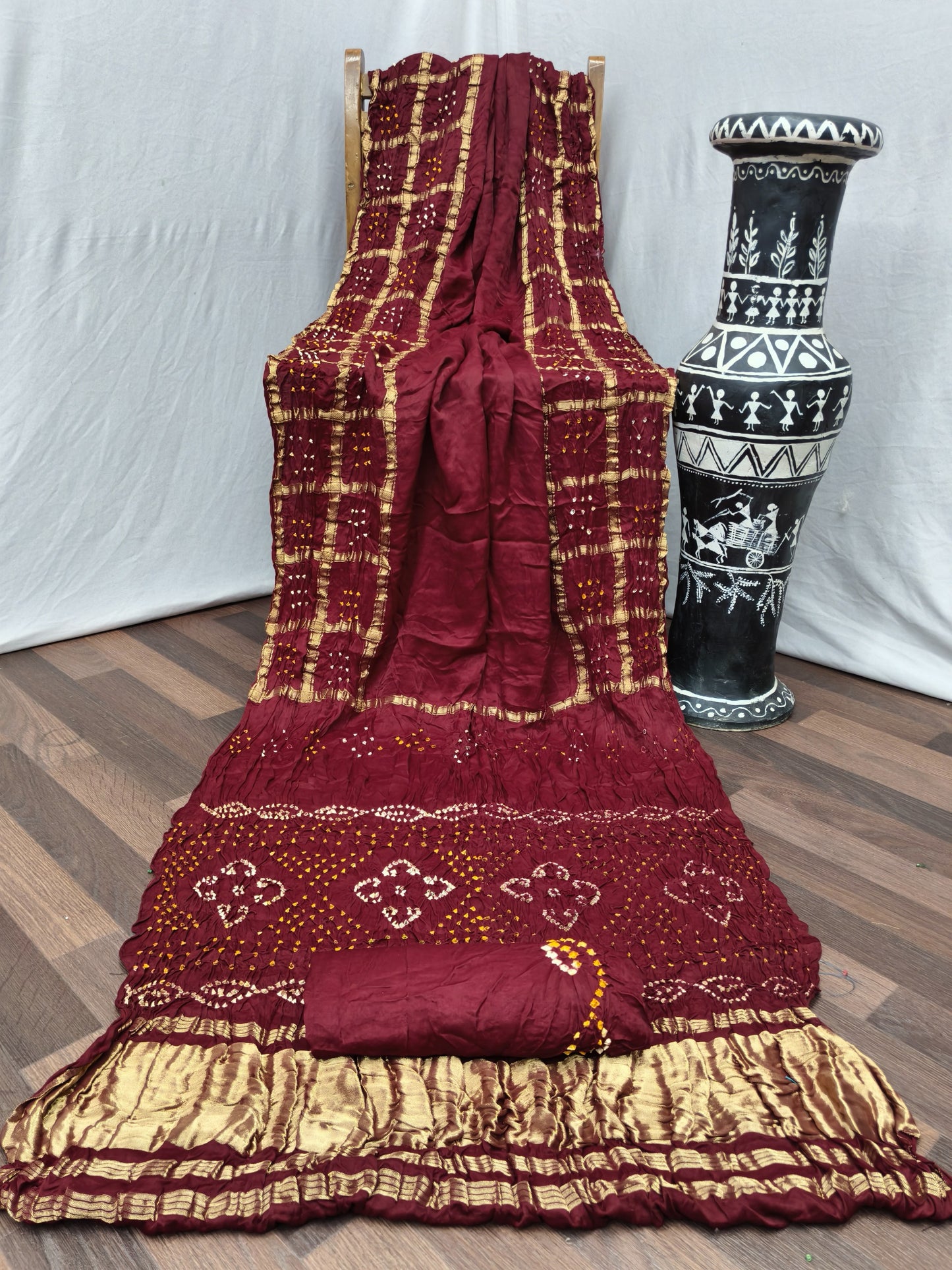 AJ-PURE-RADHIKA PURE BANDHANI SAREE WITH JAIPURI WORK AND VIRAL BANDHANI DESIGN  AND LAGNI PATTA WORK WITH  GOLDEN PIPING WITH BLOUSE