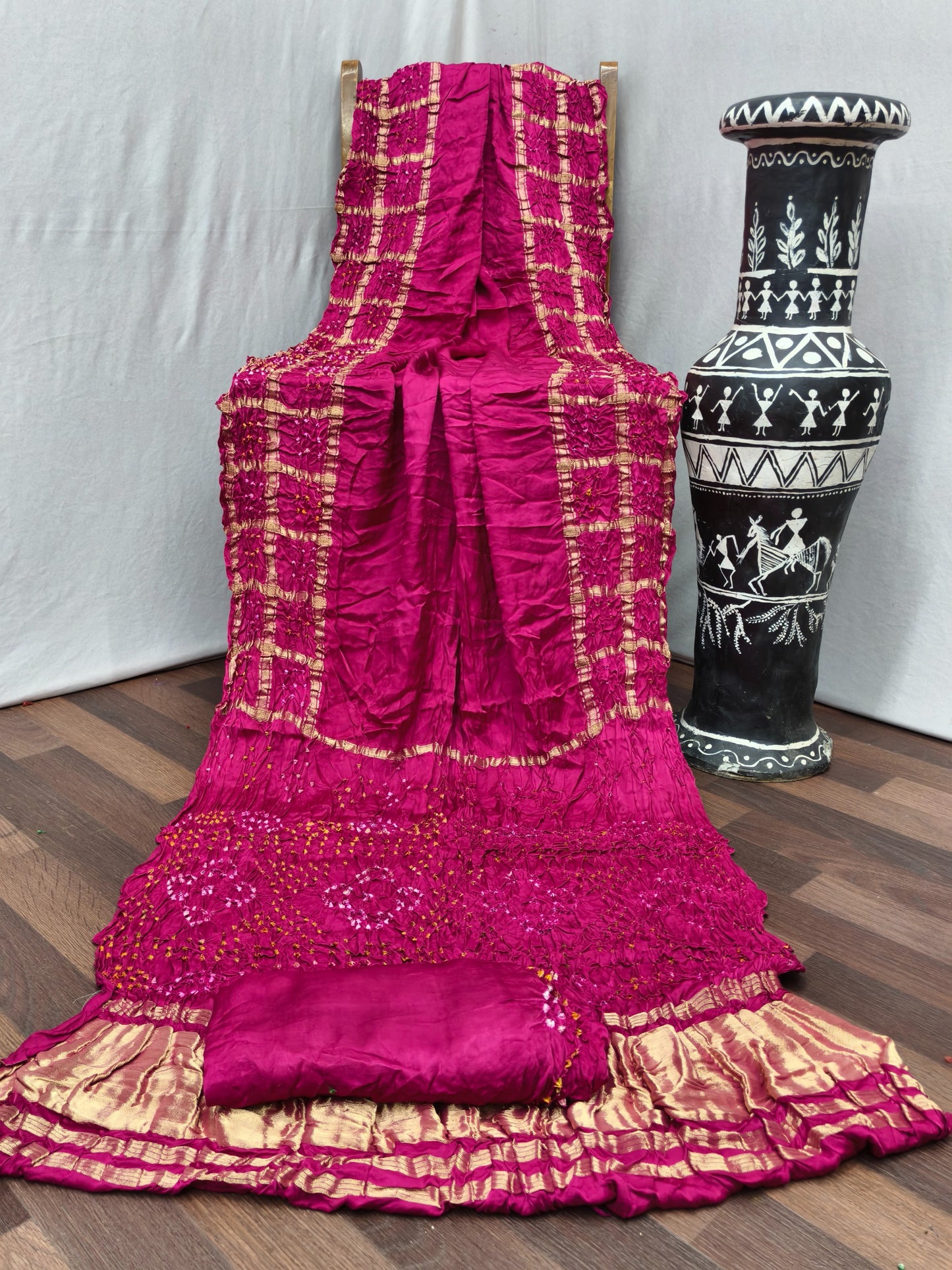 AJ-PURE-RADHIKA PURE BANDHANI SAREE WITH JAIPURI WORK AND VIRAL BANDHANI DESIGN  AND LAGNI PATTA WORK WITH  GOLDEN PIPING WITH BLOUSE