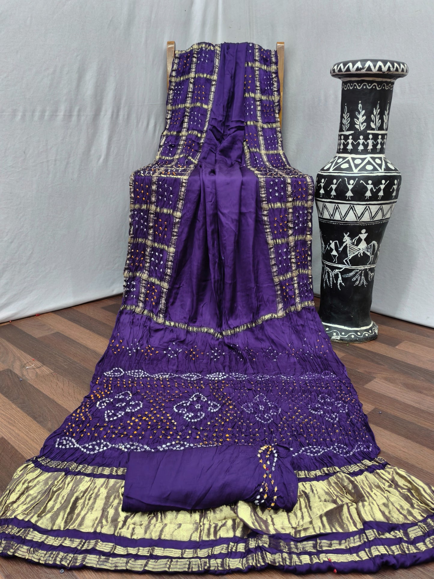 AJ-PURE-RADHIKA PURE BANDHANI SAREE WITH JAIPURI WORK AND VIRAL BANDHANI DESIGN  AND LAGNI PATTA WORK WITH  GOLDEN PIPING WITH BLOUSE
