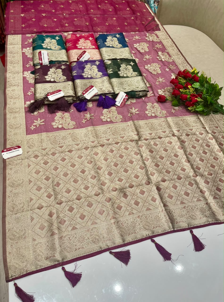 AJ-ZARINA-DARK  FANCY FABRIC SAREE WITH HEAVY RICH PALLU DESIGN WITH FLORAL DESIGN ALL OVER ON BODY WITH PIPING AND TASSELS WITH BLOUSE