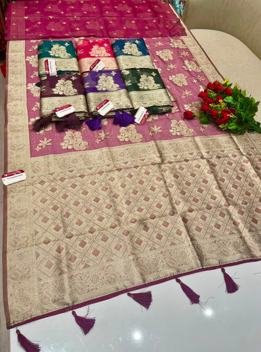 AJ-ZARINA-DARK  FANCY FABRIC SAREE WITH HEAVY RICH PALLU DESIGN WITH FLORAL DESIGN ALL OVER ON BODY WITH PIPING AND TASSELS WITH BLOUSE