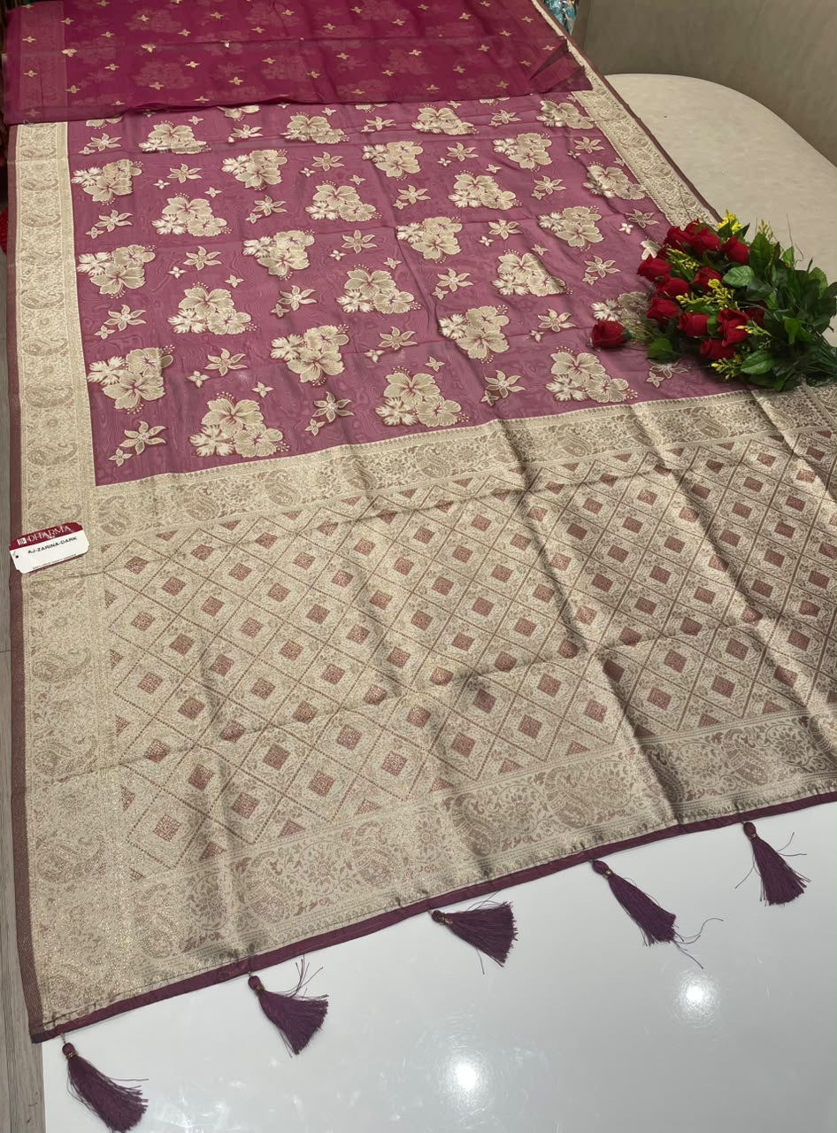 AJ-ZARINA-DARK  FANCY FABRIC SAREE WITH HEAVY RICH PALLU DESIGN WITH FLORAL DESIGN ALL OVER ON BODY WITH PIPING AND TASSELS WITH BLOUSE