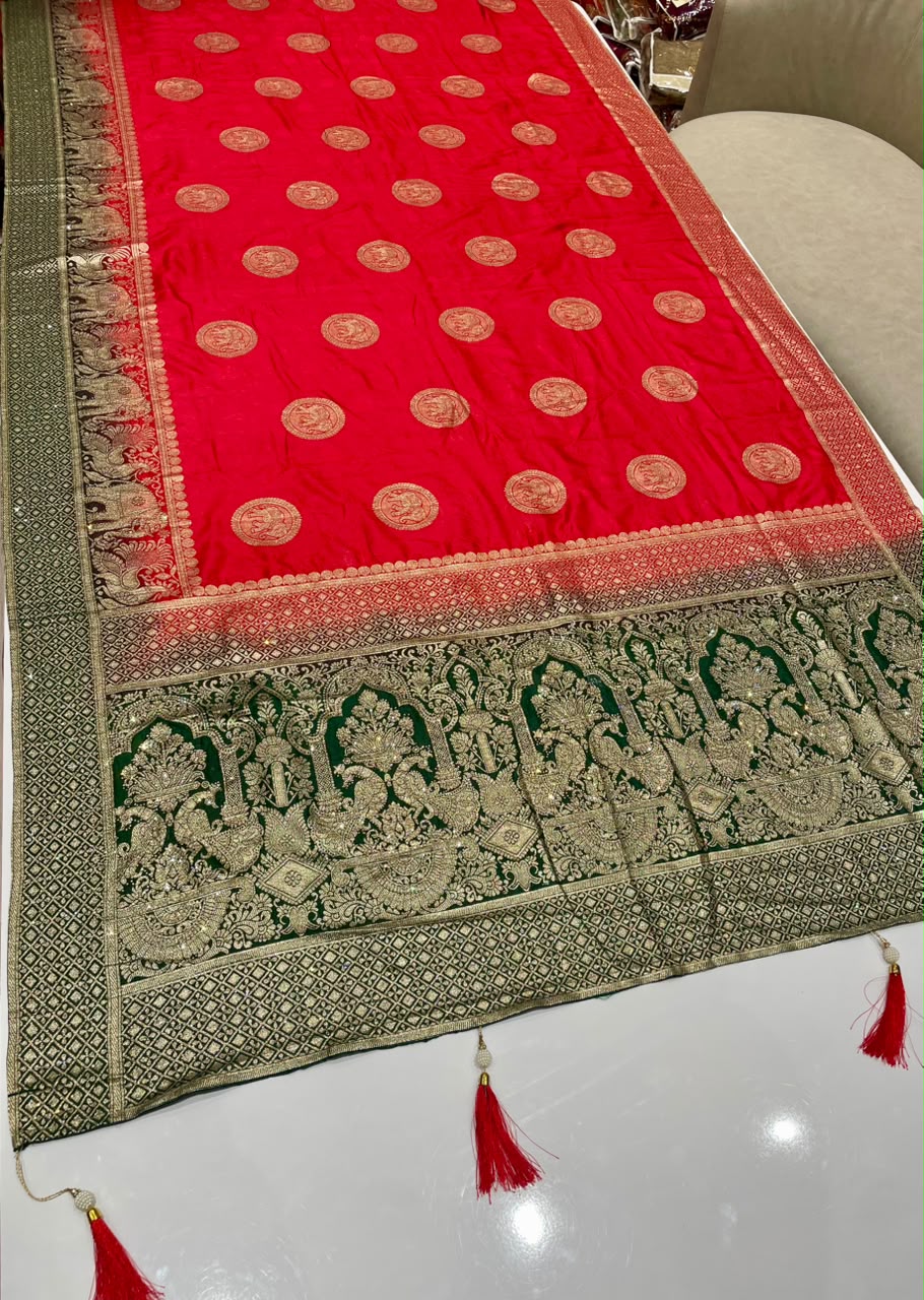 AJ-CLASSIC EUROPEAN DOLA SILK FABRIC SAREE WITH BEAUTIFUL DESIGN WITH DYING WORK WITH DIAMOND WORK AND BEAUTIFUL GAJRAJ AND PEACOCK DESIGN WITH BLOUSE AND TASSELS