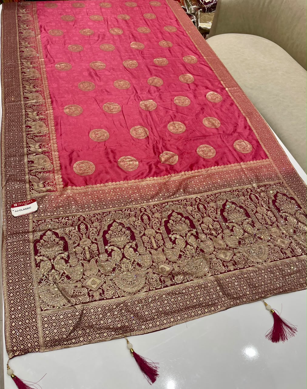 AJ-CLASSIC EUROPEAN DOLA SILK FABRIC SAREE WITH BEAUTIFUL DESIGN WITH DYING WORK WITH DIAMOND WORK AND BEAUTIFUL GAJRAJ AND PEACOCK DESIGN WITH BLOUSE AND TASSELS
