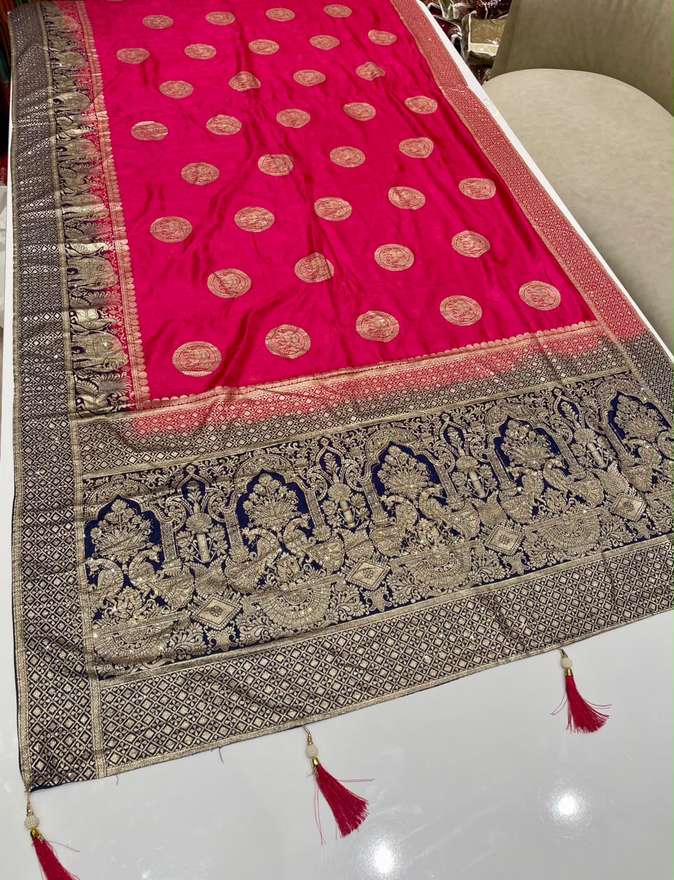AJ-CLASSIC EUROPEAN DOLA SILK FABRIC SAREE WITH BEAUTIFUL DESIGN WITH DYING WORK WITH DIAMOND WORK AND BEAUTIFUL GAJRAJ AND PEACOCK DESIGN WITH BLOUSE AND TASSELS