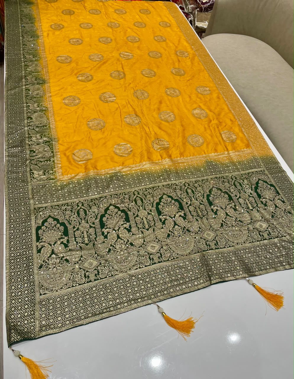 AJ-CLASSIC EUROPEAN DOLA SILK FABRIC SAREE WITH BEAUTIFUL DESIGN WITH DYING WORK WITH DIAMOND WORK AND BEAUTIFUL GAJRAJ AND PEACOCK DESIGN WITH BLOUSE AND TASSELS
