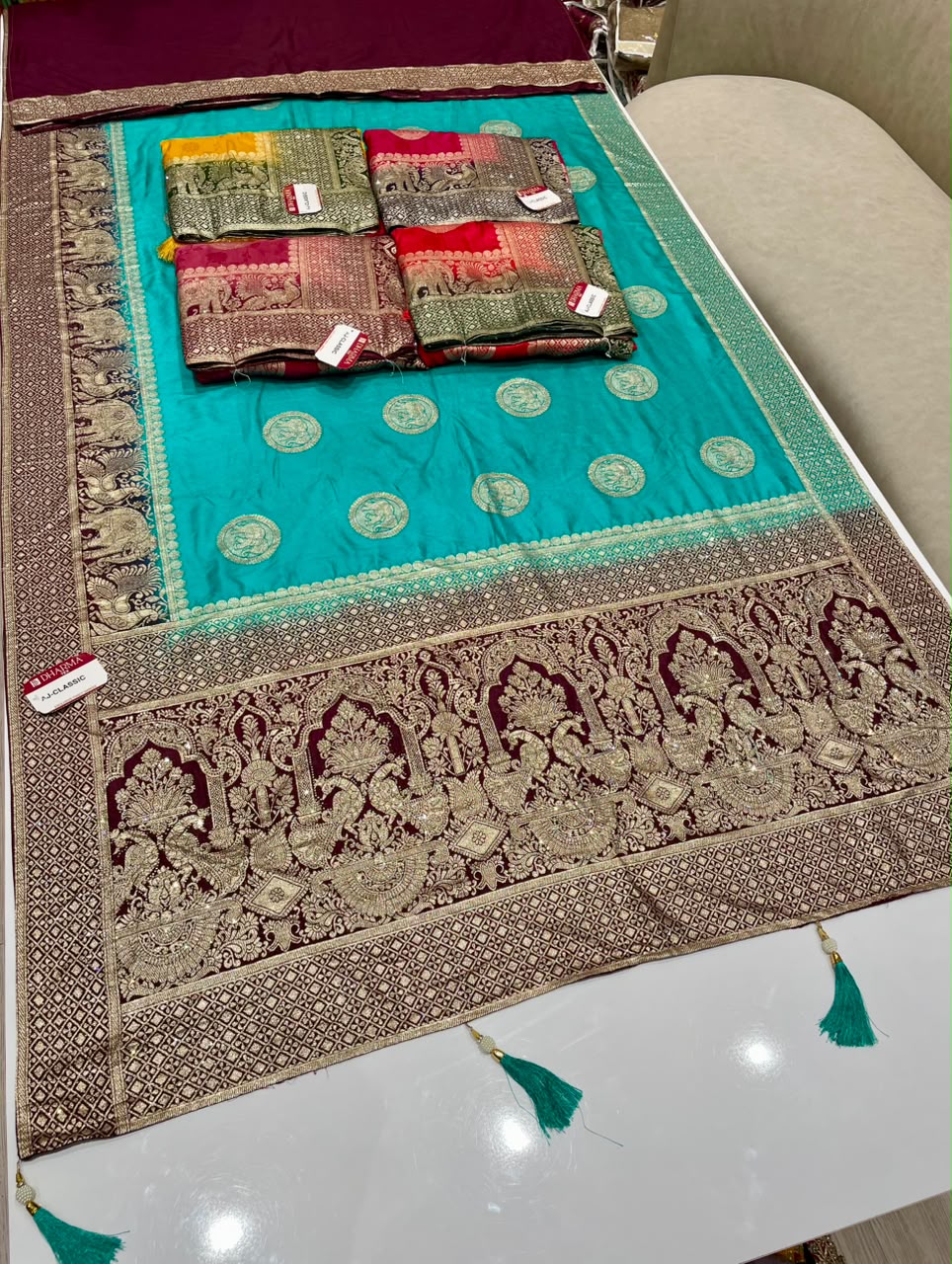 AJ-CLASSIC EUROPEAN DOLA SILK FABRIC SAREE WITH BEAUTIFUL DESIGN WITH DYING WORK WITH DIAMOND WORK AND BEAUTIFUL GAJRAJ AND PEACOCK DESIGN WITH BLOUSE AND TASSELS