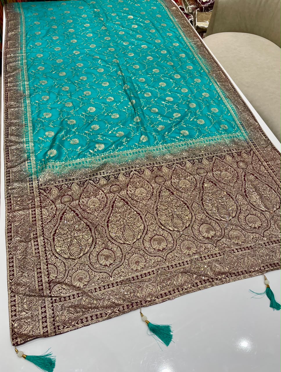 AJ-SHAGUN EUROPEAN DOLA SILK FABRIC SAREE WITH RICH PALLU DESIGN WITH HEAVY JHAL DESIGN ON SAREE WITH DIAMOND WORK WITH TASSELS WITH BLOUSE