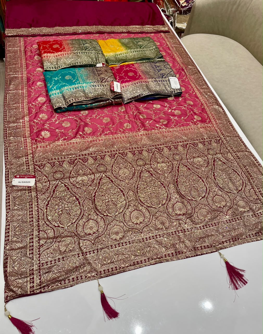 AJ-SHAGUN EUROPEAN DOLA SILK FABRIC SAREE WITH RICH PALLU DESIGN WITH HEAVY JHAL DESIGN ON SAREE WITH DIAMOND WORK WITH TASSELS WITH BLOUSE
