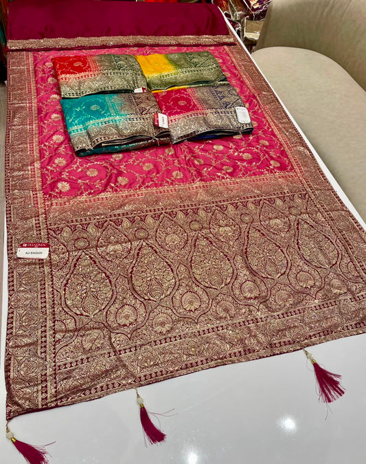 AJ-SHAGUN EUROPEAN DOLA SILK FABRIC SAREE WITH RICH PALLU DESIGN WITH HEAVY JHAL DESIGN ON SAREE WITH DIAMOND WORK WITH TASSELS WITH BLOUSE