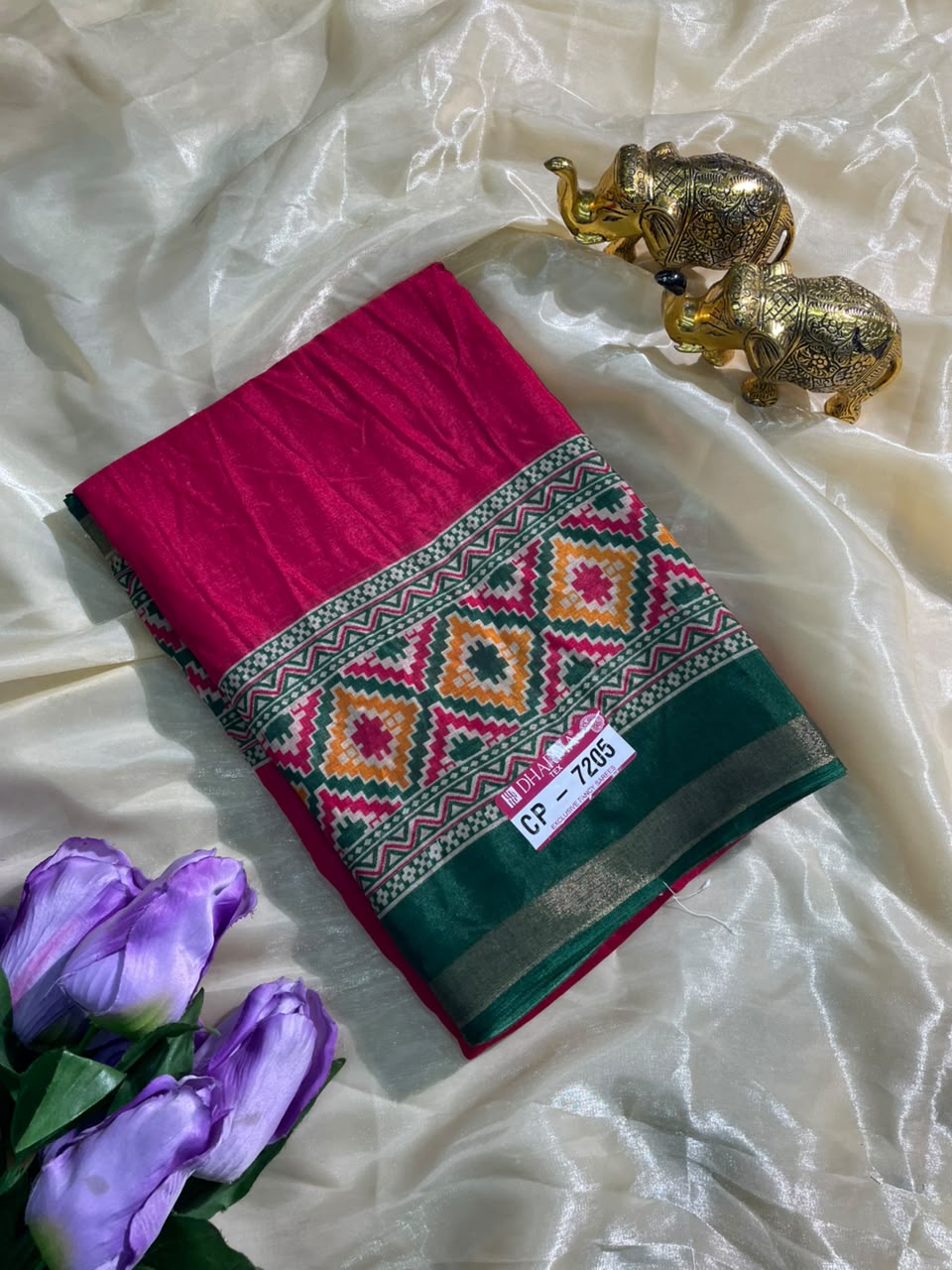 CP-7205 DULL MOSS FABRIC SAREE WITH RICH PALLU DESIGN WITH GAJRAJ DESIGN WITH CONTRAST BORDER AND PALLU WITH BLOUSE