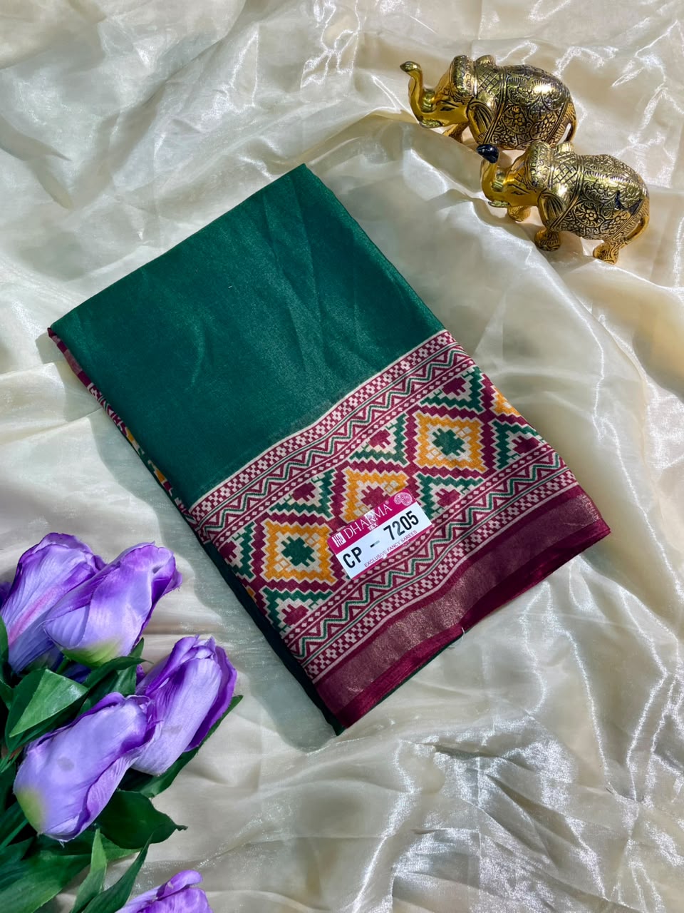 CP-7205 DULL MOSS FABRIC SAREE WITH RICH PALLU DESIGN WITH GAJRAJ DESIGN WITH CONTRAST BORDER AND PALLU WITH BLOUSE