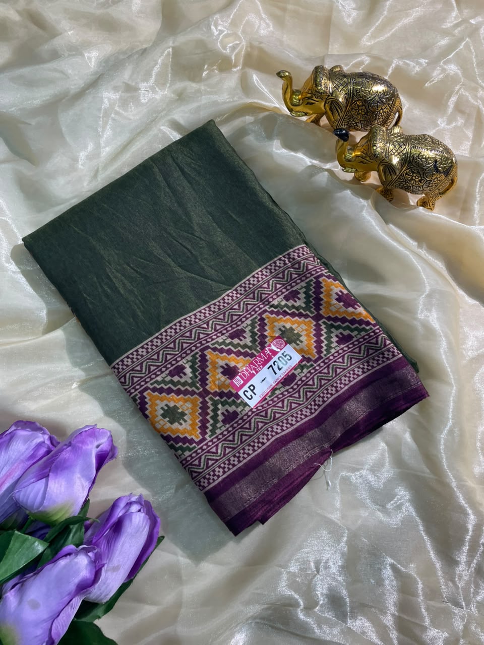 CP-7205 DULL MOSS FABRIC SAREE WITH RICH PALLU DESIGN WITH GAJRAJ DESIGN WITH CONTRAST BORDER AND PALLU WITH BLOUSE