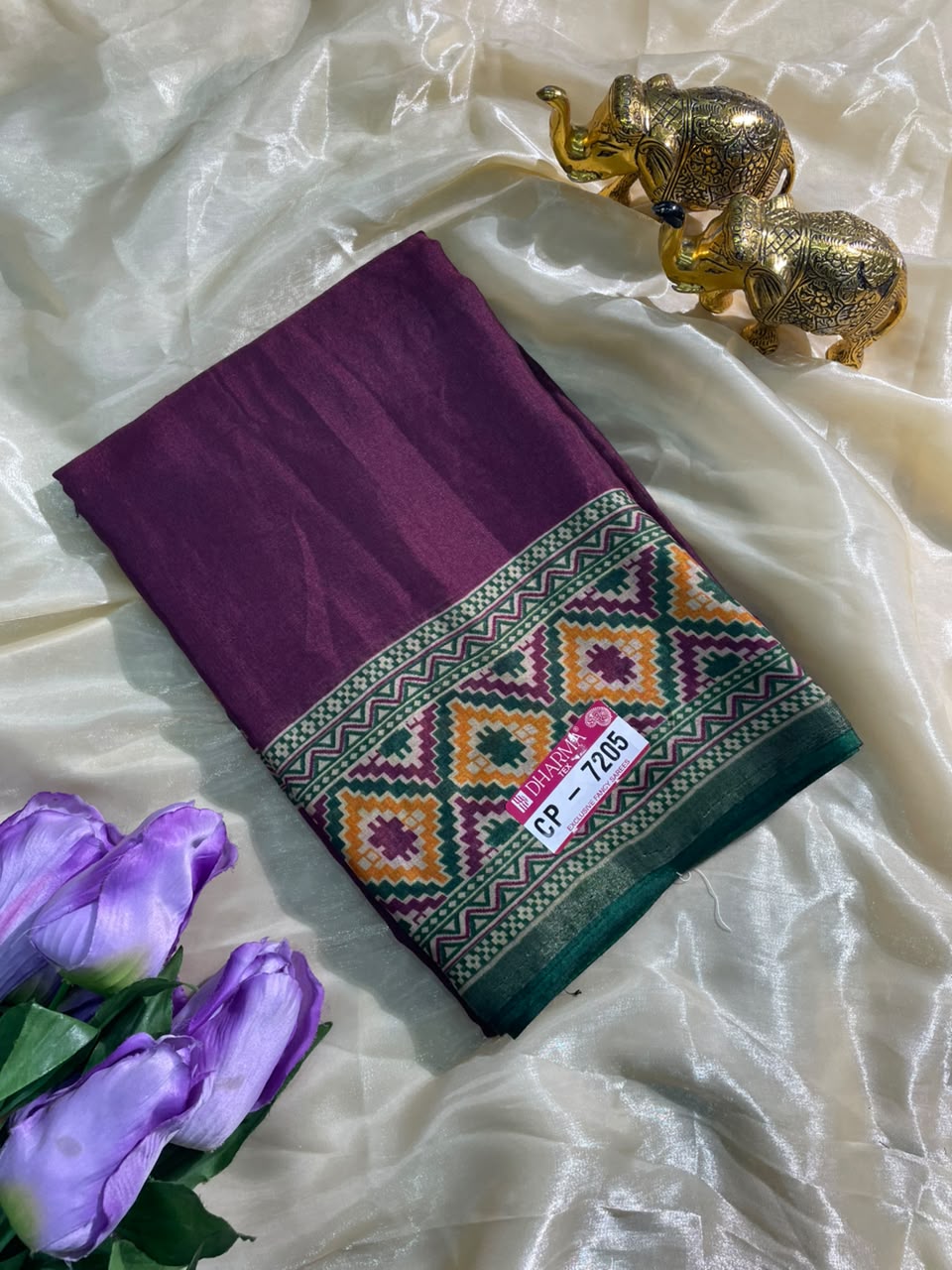 CP-7205 DULL MOSS FABRIC SAREE WITH RICH PALLU DESIGN WITH GAJRAJ DESIGN WITH CONTRAST BORDER AND PALLU WITH BLOUSE