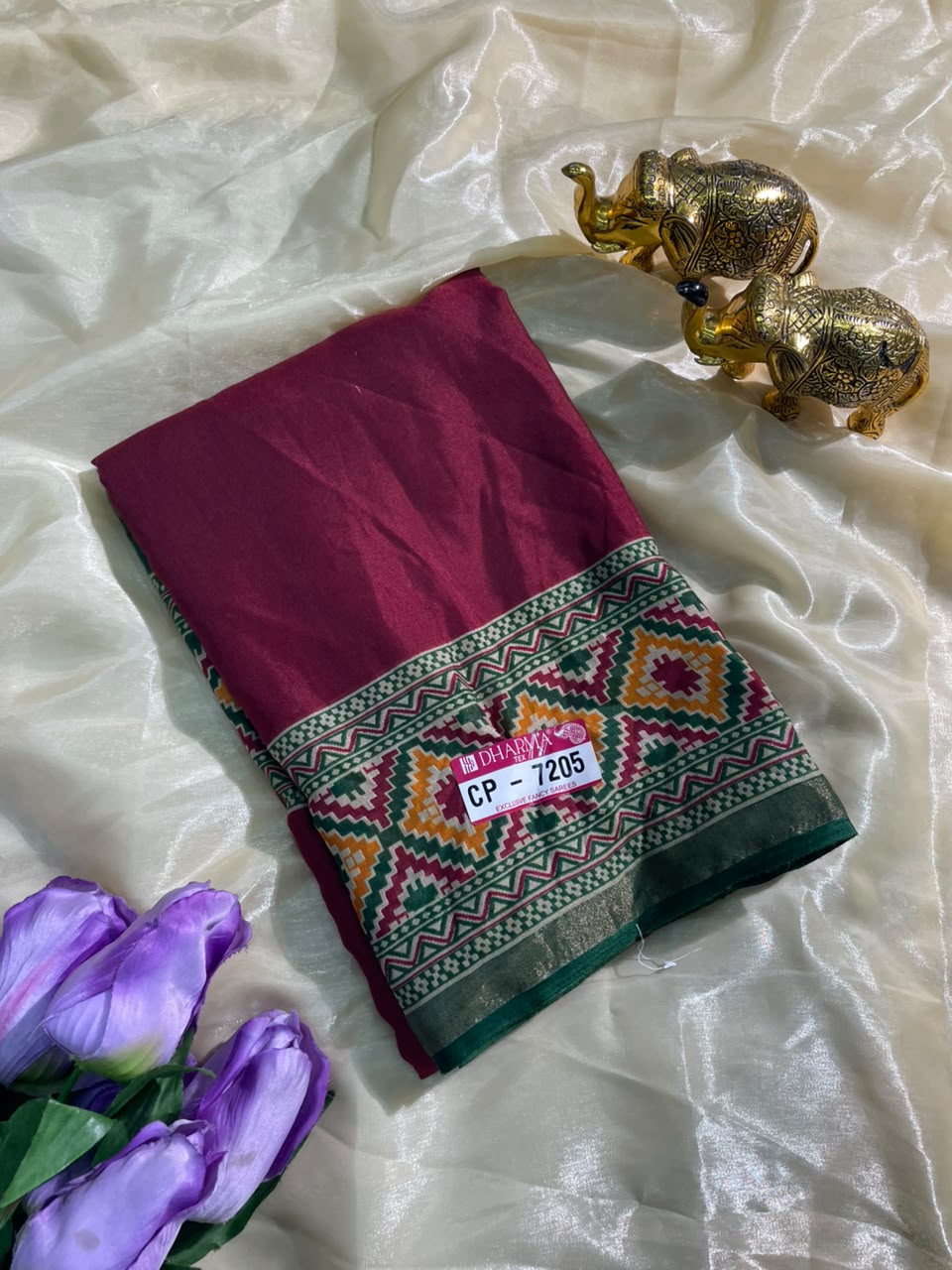 CP-7205 DULL MOSS FABRIC SAREE WITH RICH PALLU DESIGN WITH GAJRAJ DESIGN WITH CONTRAST BORDER AND PALLU WITH BLOUSE