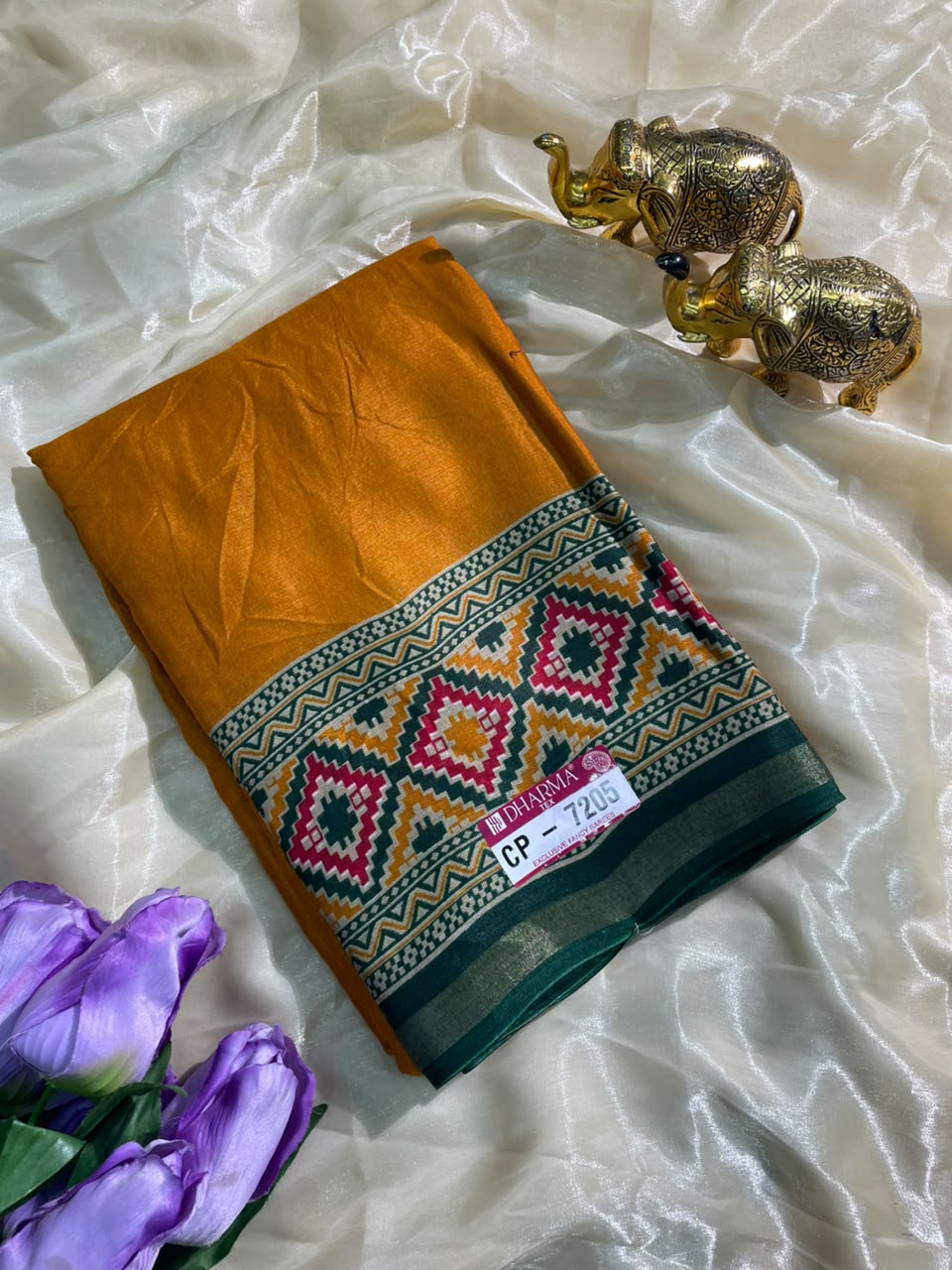 CP-7205 DULL MOSS FABRIC SAREE WITH RICH PALLU DESIGN WITH GAJRAJ DESIGN WITH CONTRAST BORDER AND PALLU WITH BLOUSE