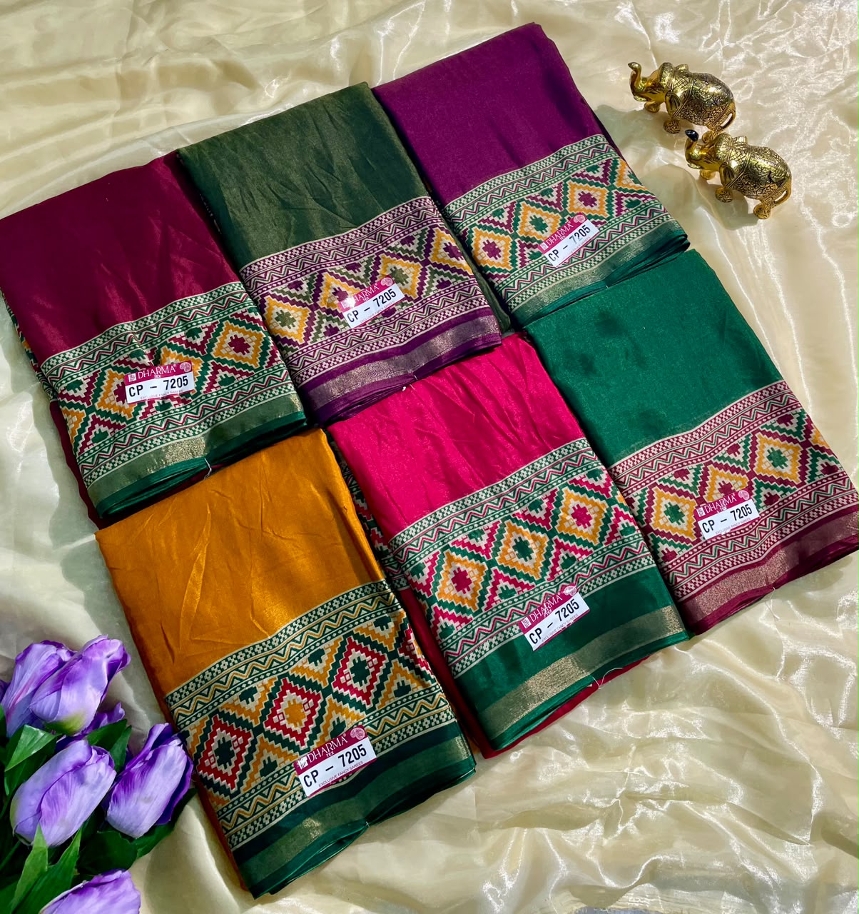 CP-7205 DULL MOSS FABRIC SAREE WITH RICH PALLU DESIGN WITH GAJRAJ DESIGN WITH CONTRAST BORDER AND PALLU WITH BLOUSE