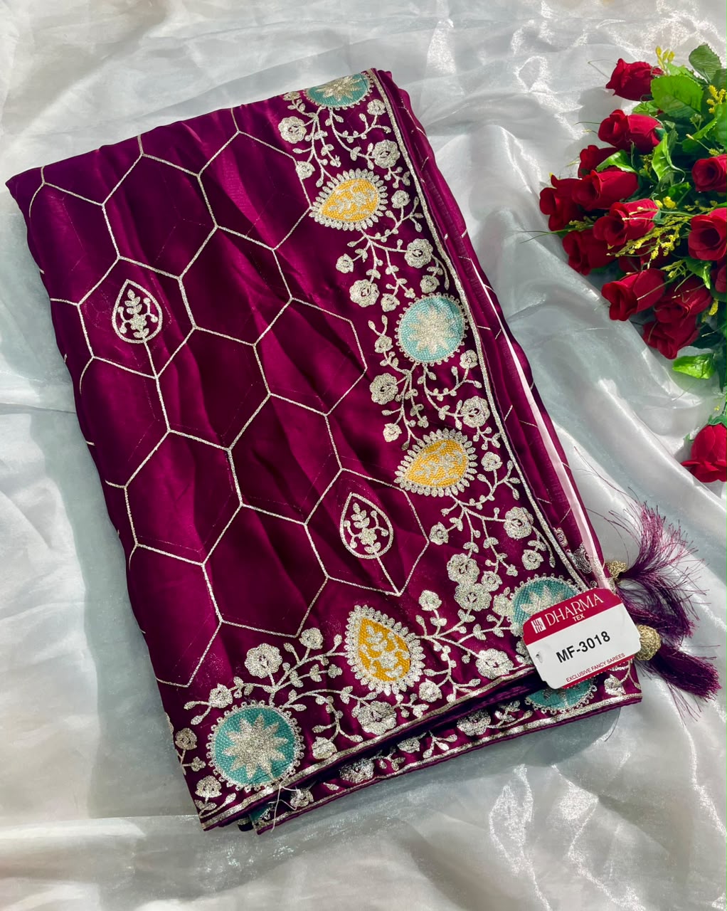 MF-3018 HO SILK FABRIC SAREE WITH HEAVY CHAIN STICHED WORK WITHN HEAVY DESIGN  ON BODY CONTRAST BLOUSE