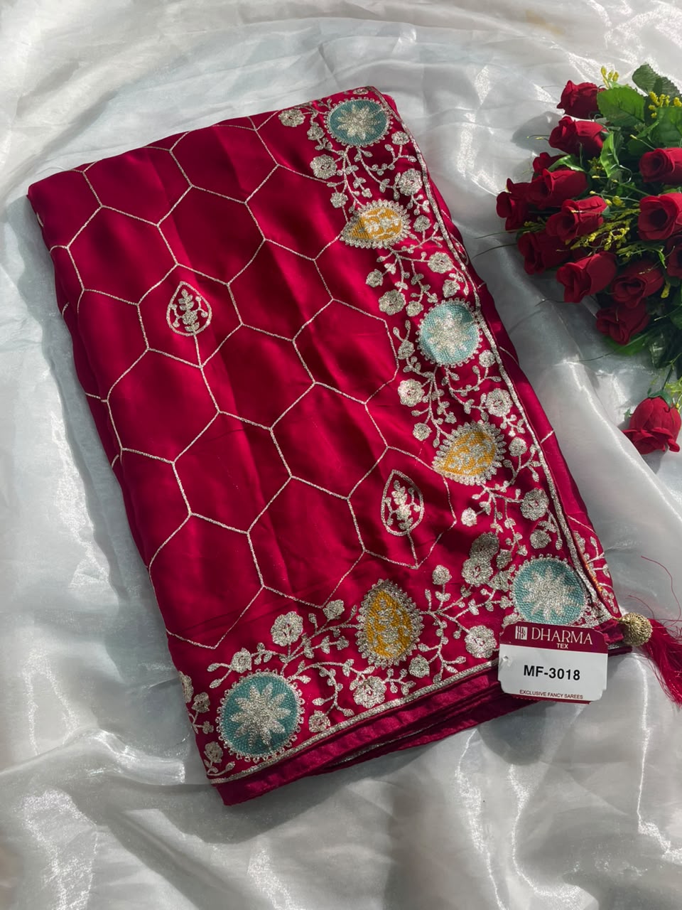MF-3018 HO SILK FABRIC SAREE WITH HEAVY CHAIN STICHED WORK WITHN HEAVY DESIGN  ON BODY CONTRAST BLOUSE
