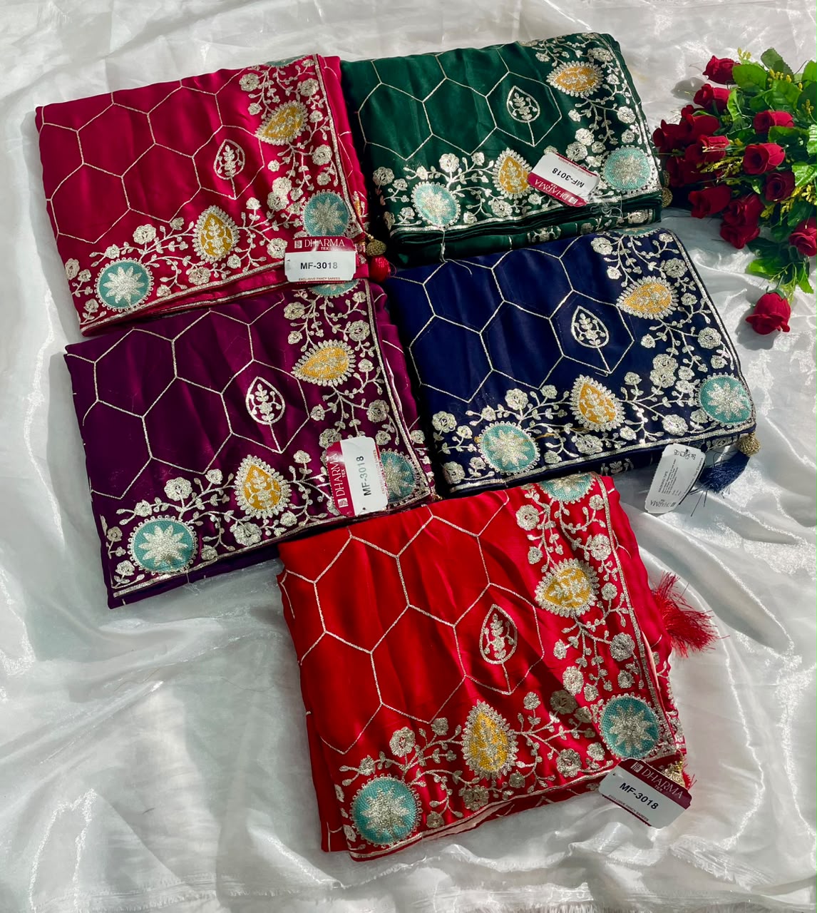 MF-3018 HO SILK FABRIC SAREE WITH HEAVY CHAIN STICHED WORK WITHN HEAVY DESIGN  ON BODY CONTRAST BLOUSE