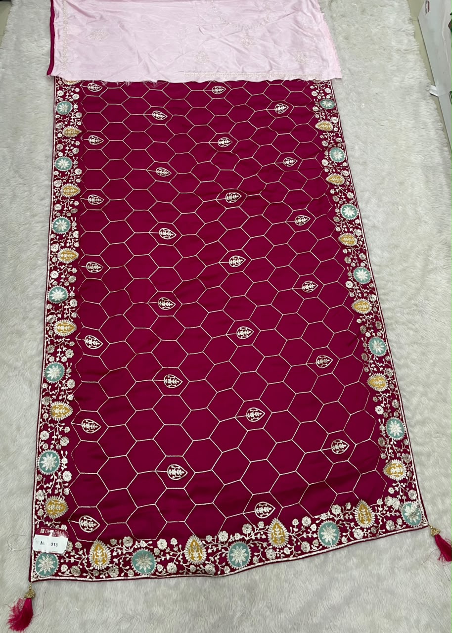 MF-3018 HO SILK FABRIC SAREE WITH HEAVY CHAIN STICHED WORK WITHN HEAVY DESIGN  ON BODY CONTRAST BLOUSE
