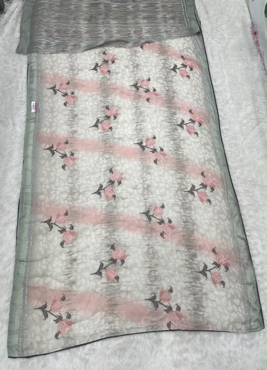 NT-ANOKHI  HEAVY WEIGHTLESS KUNDAN FABRIC SAREE WITH BEAUTIFUL FLORAL DESIGN WITH ASHWARIYA MILKAND PRINT WITH BLOUSE