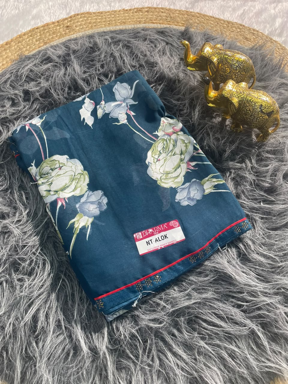 NT-ALOK HEAVY DULL MOSS  FABRIC SAREE WITH BEAUTIFUL FLORAL DESIGN WITH SIROSKI AMD DIIAMOND WORK WITH AISHWARYA MILKAND PRINT WITH BLOUSE