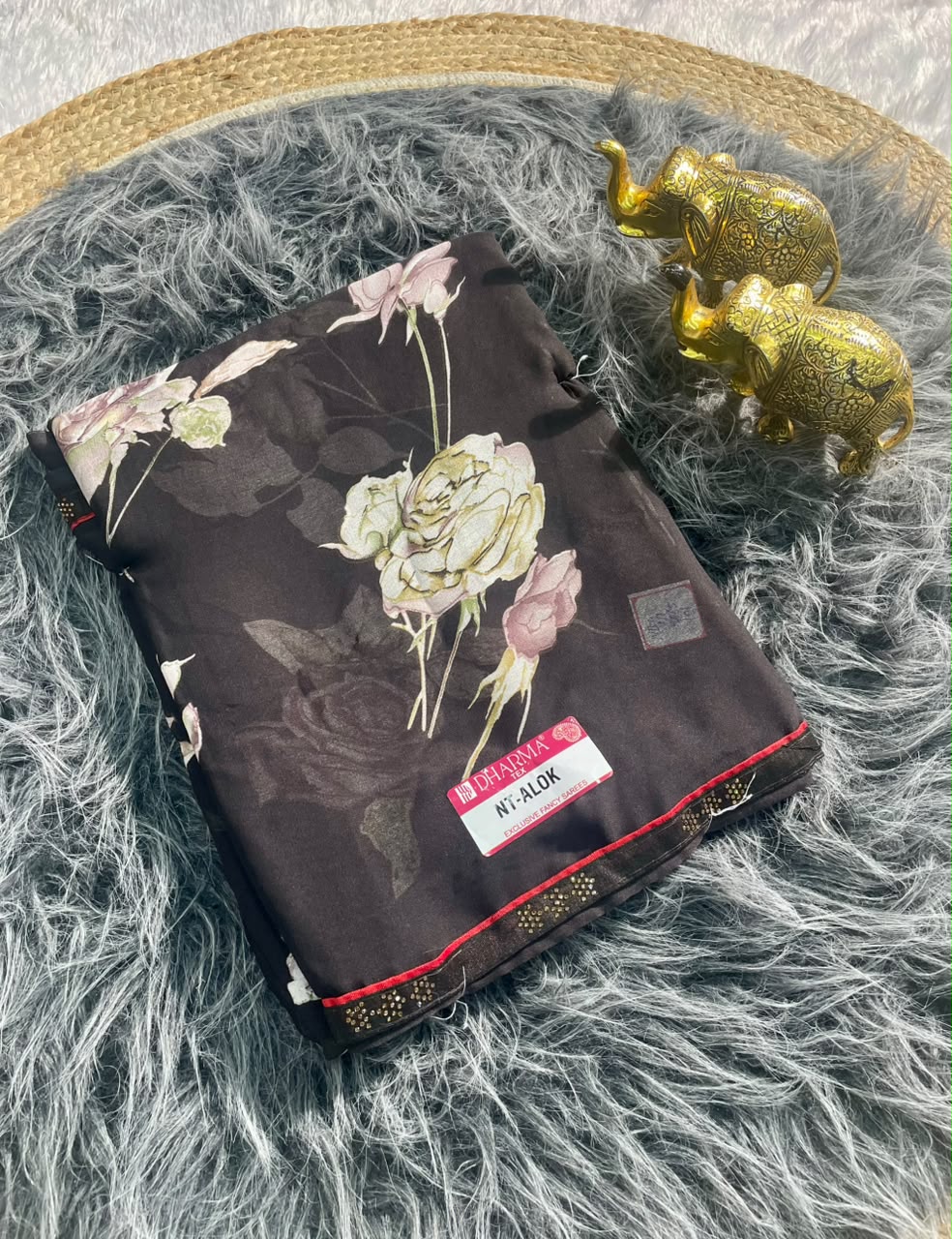 NT-ALOK HEAVY DULL MOSS  FABRIC SAREE WITH BEAUTIFUL FLORAL DESIGN WITH SIROSKI AMD DIIAMOND WORK WITH AISHWARYA MILKAND PRINT WITH BLOUSE