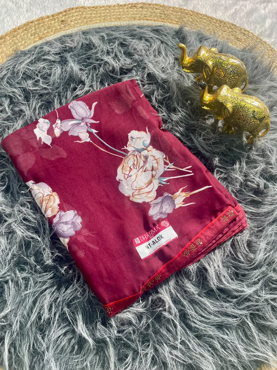 NT-ALOK HEAVY DULL MOSS  FABRIC SAREE WITH BEAUTIFUL FLORAL DESIGN WITH SIROSKI AMD DIIAMOND WORK WITH AISHWARYA MILKAND PRINT WITH BLOUSE