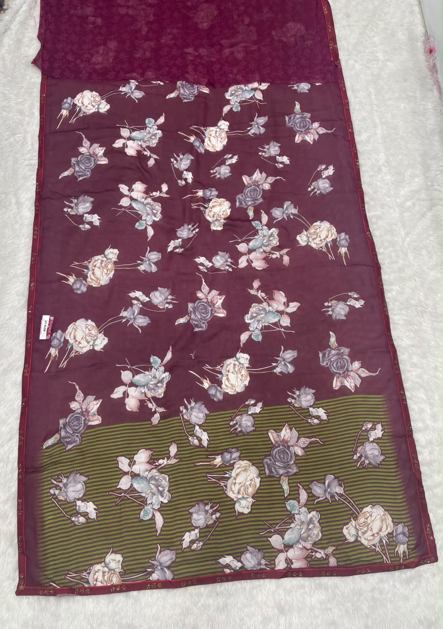 NT-ALOK HEAVY DULL MOSS  FABRIC SAREE WITH BEAUTIFUL FLORAL DESIGN WITH SIROSKI AMD DIIAMOND WORK WITH AISHWARYA MILKAND PRINT WITH BLOUSE
