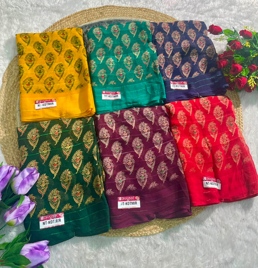 NT-KOTMIR WEIGHTLESS FABRIC SAREE WITH BEATIFUL DESIGN WITH FANCY PATTERN WITH PADDING DISCHARGES WORK WITH BLOUSE