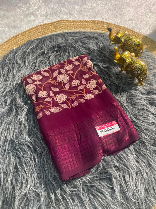 NT-BANARAS HEAVY GEORGETTE FABRIC SAREE WITH RICH PALLU DESIGN WITH BEAUTIFUL TURBO BORDER WITH FLORAL DESIGN WITH PADDING DISCHARGE WORK WITH BLOUSE