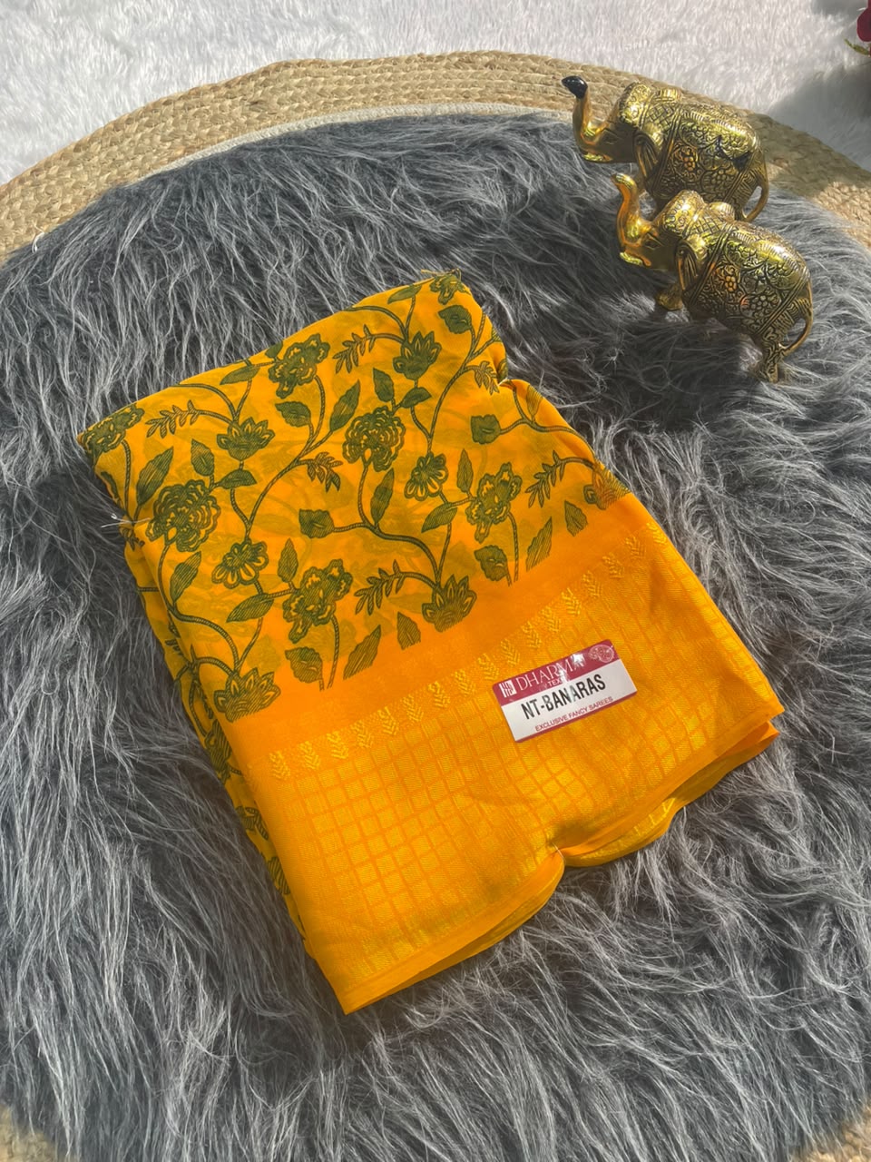 NT-BANARAS HEAVY GEORGETTE FABRIC SAREE WITH RICH PALLU DESIGN WITH BEAUTIFUL TURBO BORDER WITH FLORAL DESIGN WITH PADDING DISCHARGE WORK WITH BLOUSE