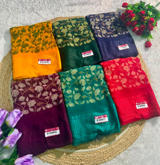 NT-BANARAS HEAVY GEORGETTE FABRIC SAREE WITH RICH PALLU DESIGN WITH BEAUTIFUL TURBO BORDER WITH FLORAL DESIGN WITH PADDING DISCHARGE WORK WITH BLOUSE